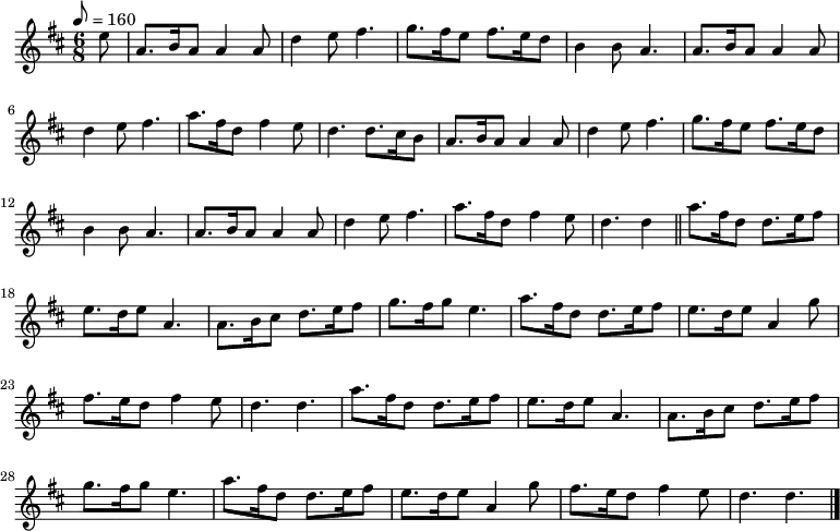 \language "english"
\unfoldRepeats {
\relative c'' {
\time 6/8
\key d \major
\tempo 8 = 160
\partial 8 e8 |
a,8. b16 a8 a4 a8 |
d4 e8 fs4. |
g8. fs16 e8 fs8. e16 d8 |
b4 b8 a4. |
a8. b16 a8 a4 a8 |
d4 e8 fs4. |
a8. fs16 d8 fs4 e8 |
d4. d8. cs16 b8 |
a8. b16 a8 a4 a8 |
d4 e8 fs4. |
g8. fs16 e8 fs8. e16 d8 |
b4 b8 a4. |
a8. b16 a8 a4 a8 |
d4 e8 fs4. |
a8. fs16 d8 fs4 e8 |
\partial 8*5 d4. d4 \bar "||"
\repeat volta 2 {
a'8. fs16 d8 d8. e16 fs8 |
e8. d16 e8 a,4. |
a8. b16 cs8 d8. e16 fs8 |
g8. fs16 g8 e4. |
a8. fs16 d8 d8. e16 fs8 |
e8. d16 e8 a,4 g'8 |
fs8. e16 d8 fs4 e8 |
d4. d4. |
}
\bar "|."
}
}