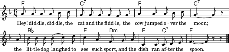 
\header { tagline = ##f }
global = { \key f \major \time 6/8 }

chordNames = { \set Staff.midiInstrument = #"acoustic guitar (nylon)" \chordmode { \global
  f,2.\p | c,:7 | f, | c,:7 | bes, | f,4. d,:m | f, c,:7 | f,2 s4 \bar "|."
} }

melody = \relative c'' { \global \set Staff.midiInstrument = "vibraphone" \autoBeamOff
  a8 a a a bes c | g g g g f
  g | a4 a8 a bes c | g4.~ g8 r \bar"" \break
  a | bes bes bes bes (c) d | c4 a8 f
  g a | c,4 c8 c d e | f4.~ f8 r8 r \bar "|."
}

verse = \lyricmode {
  Hey! did -- dle, did -- dle,
  the cat and the fidd -- le,
  the cow jumped o -- ver the moon;
  the lit -- tle dog laughed
  to see such sport,
  and the dish ran af -- ter the spoon.
}

\score {
  <<
    \new ChordNames \chordNames
    \melody
    \addlyrics { \verse }
  >>
  \layout { indent = 0 \context { \Score \remove "Bar_number_engraver" } }
  \midi { \tempo 4=100 }
}
