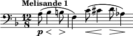 \relative c' { \clef bass \time 12/8 \key d \minor \tempo "Melisande 1" \partial 8*4 a8\p\<( bes4\! b8\> | f4\!) c'8(\< cis4\! d8\> aes4\!) }