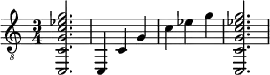 {
\clef "treble_8"
\time 3/4
<c, c g c' ees' g'>2.
<c, >4
<c >4
<g >4
<c' >4
<ees' >4
<g' >4
<c, c g c' ees' g'>2.
}