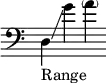 \new Staff \with { \remove "Time_signature_engraver" }{\clef bass \key c \major d_"Range"\glissando g' \parenthesize a'}
