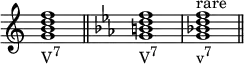 
{
\override Score.TimeSignature #'stencil = ##f
\relative c'' {
   \clef treble 
   \time 4/4
   \key c \major
   <g b d f>1_\markup { \concat { "V" \raise #1 \small "7" } } \bar "||"

   \clef treble 
   \time 4/4
   \key c \minor
   <g b d f>1_\markup { \concat { "V" \raise #1 \small "7" } }
   <g bes! d f>^\markup { "rare" }_\markup { \concat { "v" \raise #1 \small "7" } } \bar "||"
} }
