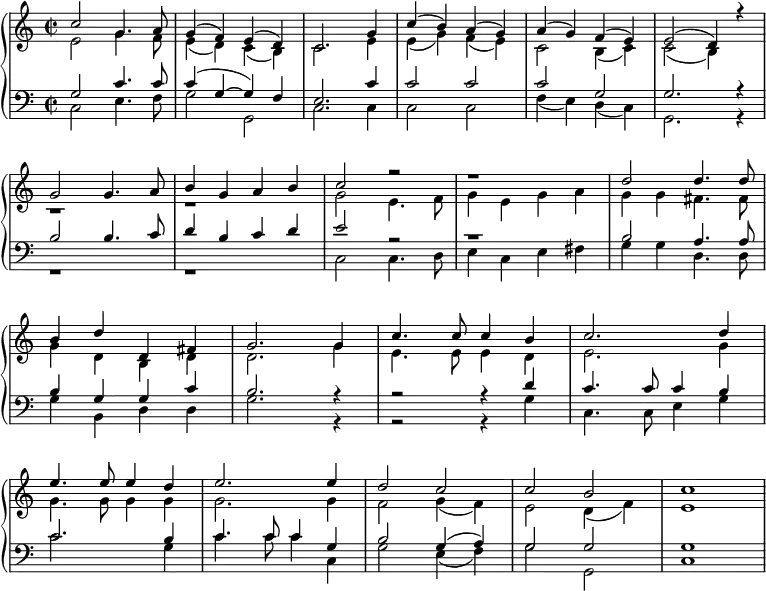 { \new PianoStaff <<
\language "english"
\new Staff <<
\new Voice \relative c'' { \set Score.tempoHideNote = ##t \override Score.BarNumber #'transparent = ##t \tempo 2 = 74 \voiceOne \clef treble \key c \major \time 2/2
c2 g4. a8 | g4( f) e( d) | c2. g'4 | c( b) a( g) | a( g) f( e) | e2( d4) r4 | \break
g2 g4. a8 | b4 g a b | c2 r2 | r1 | d2 d4. d8 | \break
b4 d d, fs | g2. g4 | c4. c8 c4 b | c2. d4 | \break
e4. e8 e4 d | e2. e4 | d2 c | c b | c1
}
\new Voice \relative c' { \voiceTwo
e2 g4. f8 | e4( d) c( b) | c2. e4 | e( g) f( e) | c2 b4( c) | c2( b4) s4 |
r1 | r | g'2 e4. f8 | g4 e g a | g g fs4. fs8 |
g4 d b d | d2. g4 | e4. e8 e4 d | e2. g4 |
g4. g8 g4 g | g2. g4 | f2 g4( f) | e2 d4( f) | e1
}
>>
\new Staff <<
\new Voice \relative c' { \clef bass \key c \major \time 2/2 \voiceOne
g2 c4. c8 | c4( g ~ g) f | e2. c'4 | c2 c | c g | g2. r4 |
b2 b4. c8 | d4 b c d | e2 r2 | r1 | b2 a4. a8 |
b4 g g c | b2. r4 | r2 r4 d | c4. c8 c4 b4 |
c2. b4 | c4. c8 c4 g | b2 g4( a) | g2 g | g1
}
\new Voice \relative c { \voiceTwo
c2 e4. f8 | g2 g,2 | c2. c4 | c2 c | f4( e) d( c) | g2. r4 |
r1 | r | c2 c4. d8 | e4 c e fs | g g d4. d8 |
g4 b, d d | g2. r4 | r2 r4 g | c,4. c8 e4 g4 |
c2. g4 | c4. c8 c4 c, | g'2 e4( f) | g2 g, | c1
}
>> >> }