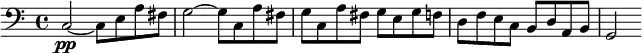 \language "english"
\relative c
{\clef bass
\pp c2~ c8 e8 a8 fs8
g2~ g8 c, a' fs
g8 c, a' fs g8 e g f
d f e c b d a b
g2
}