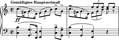 
{ \new PianoStaff <<
  \new Staff <<
    \set Score.tempoHideNote = ##t \new Voice \tempo "Gemäßigtes Hauptzeitmaß" 2 = 40 \relative e'' {
  \clef "treble" \key c \major \stemUp \time 2/2 | % 1
  s1 \ff | % 2
  r2 \once \override TupletBracket #'stencil = ##f
  \times 2/3  {
    e8 e8 e8
  }
  e8\noBeam [e8] }
  \relative c'' {
  \clef "treble" \key c \major \stemDown \time 2/2 | % 1
  c8. ( fis,16 g8. d16
  ) \once \override TupletBracket #'stencil = ##f
  \times 2/3  {
    e8 ( g8 b8 )
  }
  c8\noBeam [-> g8] -> | % 2
  c8. ( fis,16 g8. d16 ) \once \override TupletBracket #'stencil = ##f
  \times 2/3  {
    e8 _( g8 b8 )
  }
  c8\noBeam r8
  } >>
\new Staff \relative c { \set Staff.midiInstrument = #"piano" \key c \major \clef bass \time 2/2
  \clef "bass" \key a \major \time 2/2 <c c'>4 ( <g g'>8. <d d'>16 <e
  e'>4 ) <c' c'>8 -> <g g'>8 -> | % 2
  <c c'>4 ( <g g'>4 <e e'>4 ) r4 }
>> }
