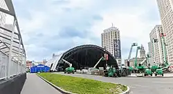 Temporary stage being erected at Campus Martius Park ahead of the draft
