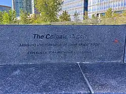 Inscribed on the bench at the foot of the clock are the words "The Colgate Clock: Marking the Passage of Time since 1908."