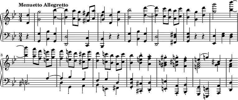 
    { \new PianoStaff <<
        \new Staff <<
            \set Staff.midiInstrument = "string ensemble 1"
            \clef treble
            \key g \minor
            \time 3/4
            \tempo "Menuetto Allegretto" \tempo 4 = 160
            \new voice \relative c' {
                \partial 4 <d d'>4
                <g g'>2 <bes~ bes'~>4
                <bes bes'>4 <a a'>8[ <g g'>] \stemUp <fis fis'>[ <a a'>]
                <g g'>4 \stemNeutral <d d'> <g g'>
                <bes bes'>2 <d~ d'~>4
                <d d'> <c c'>8[ <bes bes'>] <a a'>[ <c c'>]
                <bes bes'>4 <g g'> <d' d'>
                <g g'>2 <bes~ bes'~>4 \break

                <bes bes'> <a a'>8[ <f f'>] <e e'>[ <g g'>]
                <f f'>4 <e e'>8[ <d d'>] <cis cis'>[ <e e'>]
                <d d'>4 <c! c'!>8[ <bes bes'>] <a a'>[ <c c'>]
                <bes bes'>4 <bes e bes'>-. <a f' a>-.
                <gis b! gis'>-. <g cis g'>-. <f d' f>-.
                \stemUp e'^( g!) cis,
                d
            }
            \new Voice \relative c'' {
                s4
                s2.
                s2 \stemDown d4
                d s2
                s2.
                s2.
                s2.
                s2.
                s2.
                s2.
                s2.
                s2.
                s2.
                <e, g bes>2 <g a>4
                <f a>
            }
        >>
        \new voice \new Staff <<
            \set Staff.midiInstrument = "string ensemble 1"
            \clef bass
            \key g \minor
            \relative c {
                \time 3/4
                \partial 4 r4
                <g g'> <bes bes'> <g g'>
                <d d'>2 <c c'>4
                <bes bes'> r r
                <g' g'> <bes bes'> <g g'>
                <d d'>2 <fis d' fis>4
                <g d' g> r r
                <es es'> <es' g> <d f>
                \stemUp e2 a4^~
                a bes^\staccato g^\staccato
                f^\staccato g^\staccato d^\staccato
                \stemNeutral <g, d' g>-. <cis, cis'>-. <d d'>-.
                <e e'>-. <a, a'>-. <bes bes'>-.
                <g g'> <e e'> <a a'>
                <d d'>
             }
            \new Voice \relative c {
                s4
                s2.
                s2.
                s2.
                s2.
                s2.
                s2.
                s2.
                \stemDown cis2.
                d4_. g,_. a_.
                bes_. e,_. fis_.
            }
        >>
    >> }
