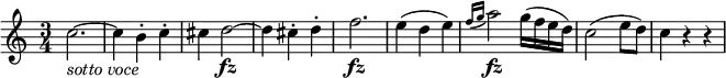 { \relative c'' { \key c \major \time 3/4
c2.~ _\markup { \italic "sotto voce" } | c4 b-. c-. | cis d2~ \fz | d4 cis-. d-.
f2. \fz | e4( d e) | \appoggiatura { f16 g } a2 \fz g16( f e d) | c2( e8 d) | c4 r r }}