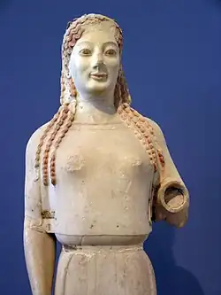 Image 43Peplos Kore at the Acropolis Museum. Relics of the polychromy are visible. (from Culture of Greece)