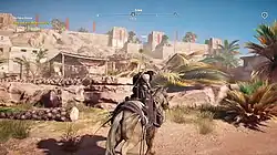 The player character riding a horse in a village, with NPCs around.