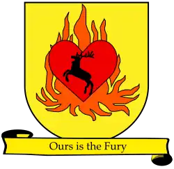 A coat of arms showing a crowned black stag in a red heart engulfed in orange flames on a field of yellow.