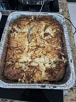 A tray of potato kugel served on Passover