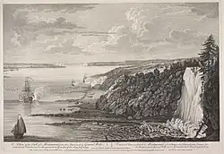 An early 1760s engraving of Montmorency Falls by William Elliott from a drawing made by Captain Hervey Smythe, Major General James Wolfe's aide-de-camp, on July 31, 1759, from the British Army's encampment, two months before the Battle of Quebec.