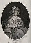 A young woman sits with a book on her knee and a child by her side. Stipple engraving by Emma Crewe, 1783. (Wellcome Collection)