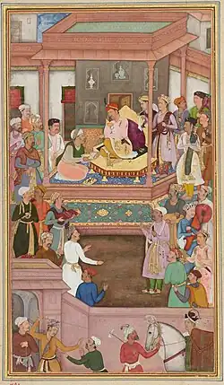 Abu'l-Fazl presenting Akbarnama to Akbar. Mughal miniature.