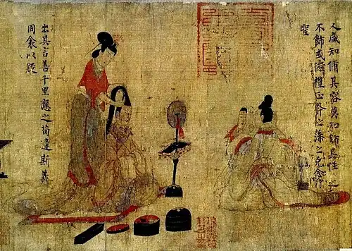 Painted scroll with hairdressing scene, China, 6th-8th century.