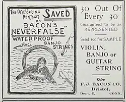Advertisement Bacon's Neverfalse Banjo Strings From Crescendo magazine February 1910