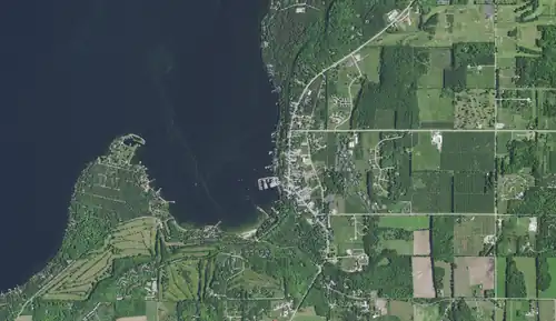 Aerial view of most of the village and some of the adjacent town of Egg Harbor, 2020