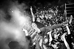 Aewon Wolf stagedives at the Red Bull Studios stage at Oppikoppi Festival in Northam, Limpopo on August 6, 2016