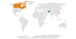 Map indicating locations of Afghanistan and Canada