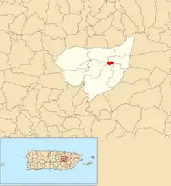 Location of Aguas Buenas barrio-pueblo within the municipality of Aguas Buenas shown in red