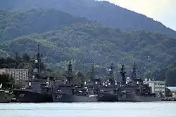 JS Akebono, JS Chikuma, JS Amagiri and JS Matsuyuki at Maizuru on 25 September 2011.