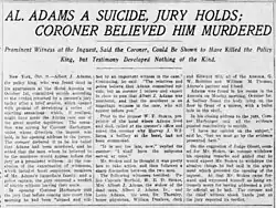 A picture of a newspaper discussing the death by suicide of Albert J. Adams. The article is from the Democrat and Chronicle of Rochester, New York on October 10, 1906