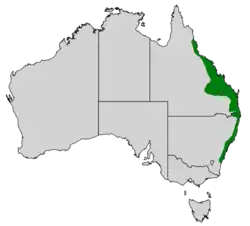 Map of Australia showing highlighted range covering eastern Queensland and New South Wales