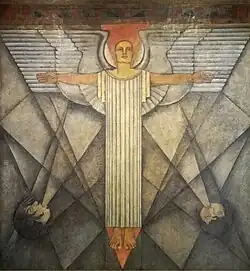 A fresco painting depicting an angel-like figure ascending with arms wide open.