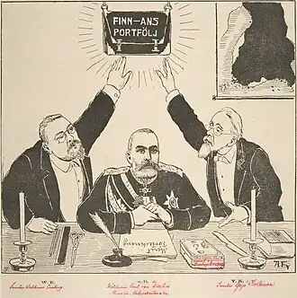 Political cartoon by Alex Federley in 1891, von Daehn criticized by senators for having given in to signing the 1890 Postal Manifest [fi] by Alexander III
