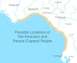 A map of possible locations of the Amacano people