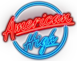 A neon red and blue logo of "American High" surrounded by a circle, "American" is in red and underlined