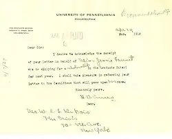 A 1918 note from Ames to W.E.B. DuBois concerning a student recommendation