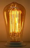 A LED filament bulb with an amber-colored glass shell and many filaments for better visual effects