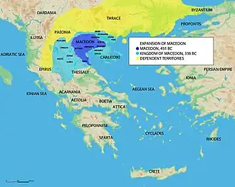 A color map of modern Greece and western Turkey, Macedonia is shaded dark blue, some territory to its left and right are shaded light blue