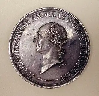 Front side of medal to Andreas Peter Bernstorff.
