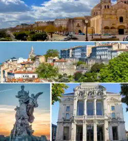 From top to bottom, left to right: The Cathedral of Angoulême; Panoramic view of the city; Monument to Carnot; Théatre d' Angoulême