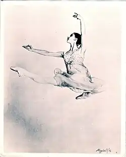 Ballerina Ann Marie DeAngelo captured in motion, wearing a ballet costume and performing a classical pose.