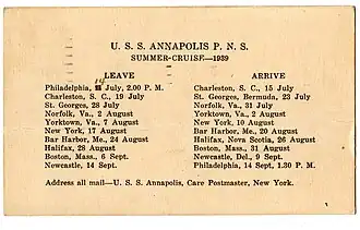 PNS Annapolis Summer cruise itinerary, 1939. Pennsylvania Nautical School Collection, J Henderson Welles Archives and Library, Independence Seaport Museum. Philadelphia, PA