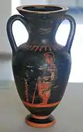 Etruscan pseudo red figure amphora from the Praxias group&nbsp;[de], which probably had their workshop in Vulci; draped youths on both sides; c.480/50 BC.