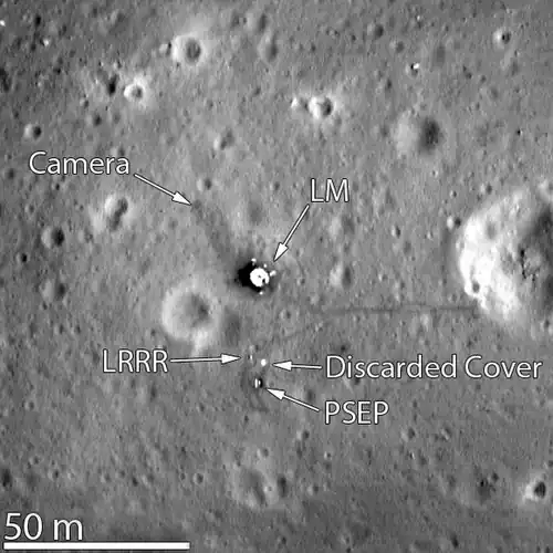 Lunar Reconnaissance Orbiter photo taken March 7, 2012. The Lunar Module descent stage, Laser Ranging RetroReflector, and Early Apollo Scientific Experiments Package can be clearly seen. The craters Little West (at right) and Double (left of LM) are also shown.
