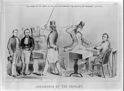 Political cartoon, refer to text. Captioned with a quote reading "The symbol of the North is the pen, the symbol of the South is the bludgeon"