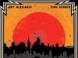 An abstract painting of a large red vinyl record in an orange sky setting over Hollywood in a black outline