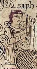 1025-1050, England. Asaph playing bowed lyre, detail from Winchcombe Psalter, Cambridge University Library, Ff.1.23, folio 4v