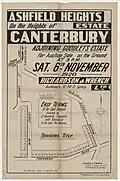 Ashfield Heights Estate Canterbury, 1920, Richardson & Wrench, New St, Trevenar Rd, Milton St, Goodlet St, lithograph F Cunningham and Co.