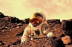 Staged photosimulation art of Martian space suit on EVA (NASA, 2010s)