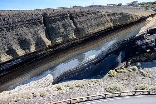Pyroclastic layers (light-coloured phonolitic pumice and dark-coloured basaltic lapilli) at Curvas del Pastel/La Tarta del Teide on Tenerife (scale: cliff height is approximately 10&nbsp;m (33&nbsp;ft))[297]