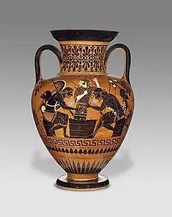 Achilles and Ajax playing a board game overseen by Athena, Attic black-figure neck amphora, c. 510 BC