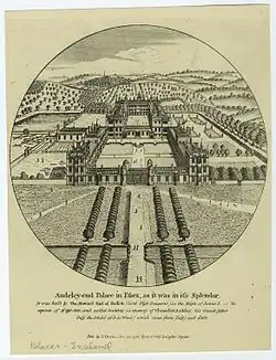 18th-century print of "Audeley-end Palace" ... "as it was in it's splendor" [sic]